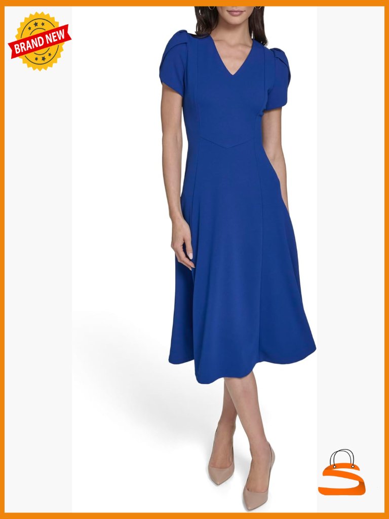 Tulip Sleeve V Neck Scuba Crepe A-Line Midi Dress